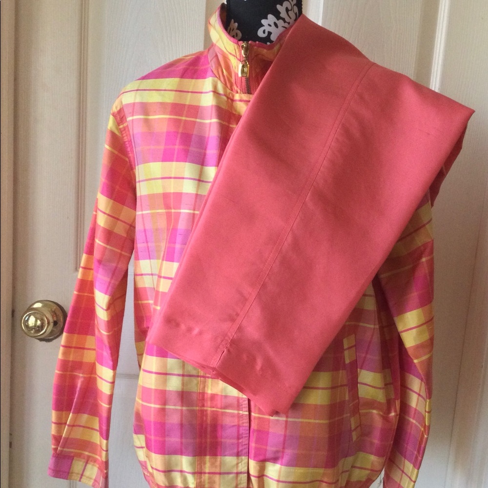 Vintage Oleg Cassini Designer Silk Track Suit Pink Yellow Plaid GORGEOUS!